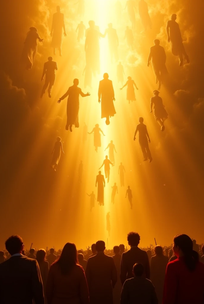 Rapture of the Saved
"Crowds of people ascending to the sky amid a golden light, leaving behind clothes and objects. Others left behind watch in awe."