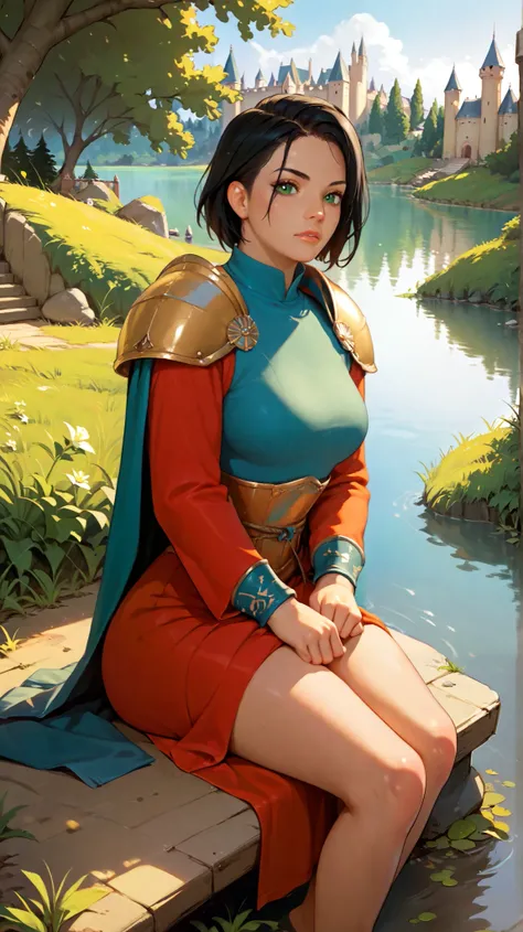  woman, green-eyed,  short black hair,  using a warrior's shoulder pad,  sitting on the edge of a lake, with a view of a castle 