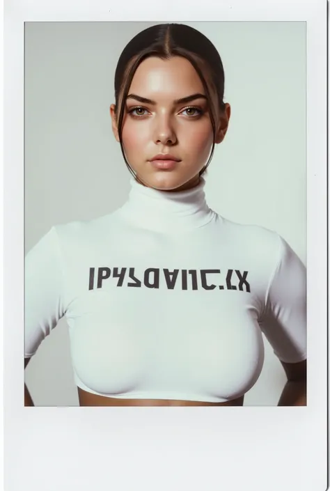 "High-resolution, Polaroid photography, Flash lighting, bright, hard shadows, high contrast. close-up of a model wearing a sleek white bodysuit with bold typography, posed against a stark white background.  modernize pristine clarity and refined edges. Eve...