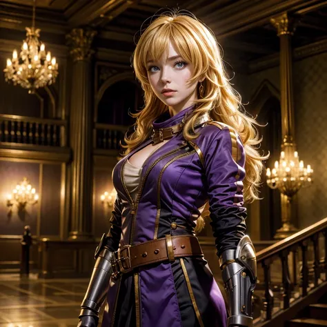 yangxiaolong, yang xiao long, smiling, long hair, blonde hair, (purple eyes:1.3), ahoge, bangs, BREAK cleavage, white mini dress with gold trim, belt, mechanical arms, single mechanical arm, prosthesis, prosthetic arm, BREAK indoors, standing next to milit...