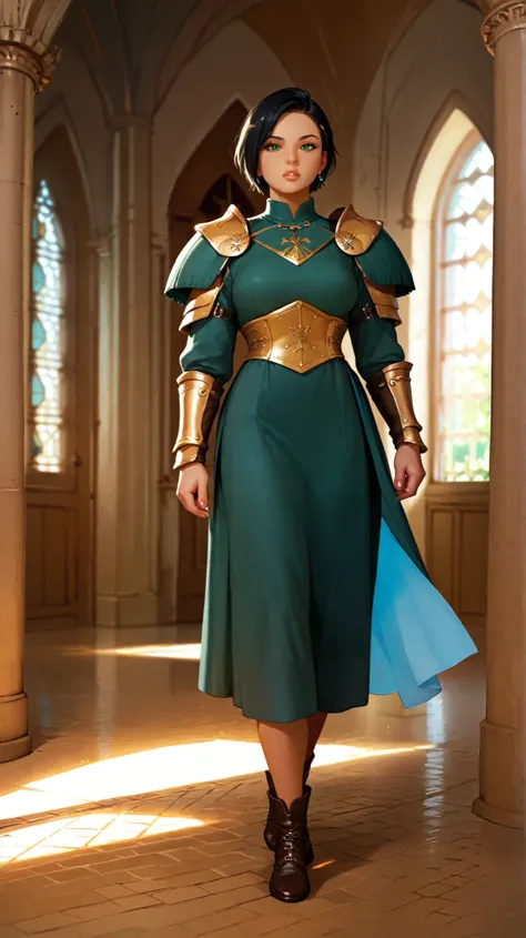  woman, green-eyed,  short black hair,  using a warrior's shoulder pad, walking in an interior of a castle