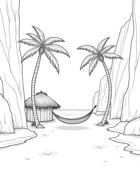 Make A secluded beach cove surrounded by tall cliffs, with a small wooden hut and a hammock swaying between two palm trees, everything done like line art. coloring page