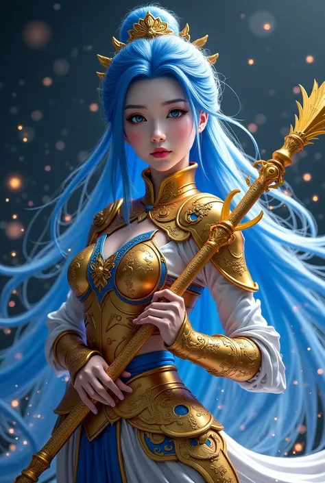 A fantasy Chinese anime mix photography of A beauty young Chinese woman with long flowing blue hair closed half face and intricate golden armor adorned with blue and white accents, holding a gold dragon spear,  The background is dark with glowing particles...