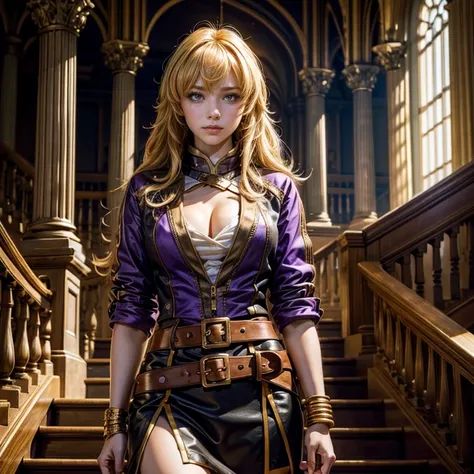 yangxiaolong, yang xiao long, smiling, long hair, blonde hair, (purple eyes:1.3), ahoge, bangs, BREAK cleavage, white mini dress with gold trim, belt, mechanical arms, single mechanical arm, prosthesis, prosthetic arm, BREAK indoors, standing next to milit...