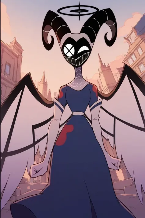 Solo, long skirt, black heels boots, blue skirt, angel wings, white gloves, long gloves, blue halo, black horns, black mask, masked,no face,  masked, horned mask, blue crossed-shaped eye, thin arms, small waist, wide hips, long cape, big thighs, small butt...