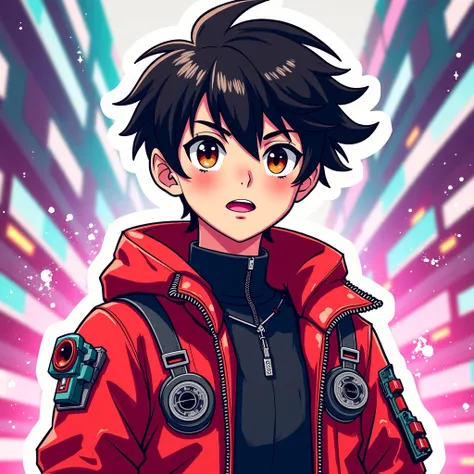 twitch alert desing , sticker style, anime, chico,  with a red jacket with futuristic details, Black brown hair, ojos marrones oscuro