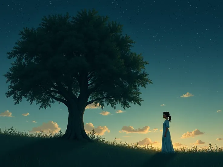 Layla standing alone by the oak tree after Omar walks away, her posture straight and strong, despite the tears in her eyes. She watches him disappear into the distance, but there’s a sense of peace and closure in her expression. The sky above is filled wit...