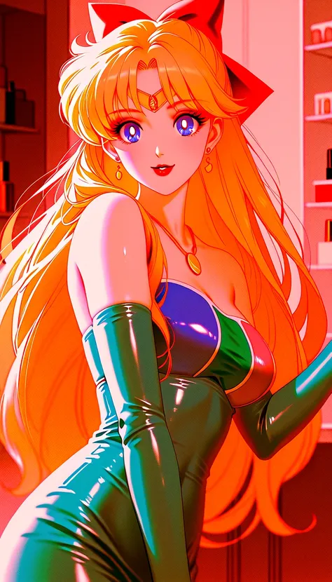  score_9, score_8_ up the side, score_7_ up the side,  Masterpiece,  high resolution,  shiny clothes,  1 girl, Alone, Atsugesho:2.0,(Minako Aino\(Sailor Moon\):.1.5),  Heavy makeup,  long hair, ( Golden Hair :1.1),  big hair ribbon,  Big Red Ribbons , ( wh...