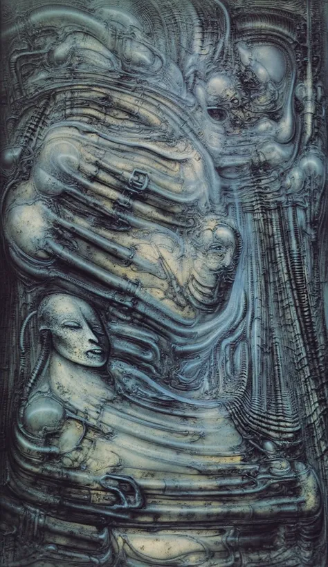 DARK BLACK COLORS, Giger_style, H. R. Giger's g1g3r, , Giger_style, The image is a detailed view of H.R. Giger's \" HRG Aleph \" plate, featuring ( The image depicts a surreal, intricate artwork featuring two humanoid figures with mechanical or industrial ...