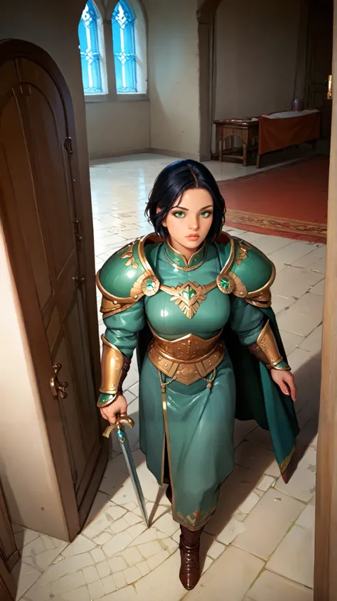  woman, green-eyed,  short black hair,  using a warrior's shoulder pad, walking in an interior of a castle, Overhead Shot (Total dive)
