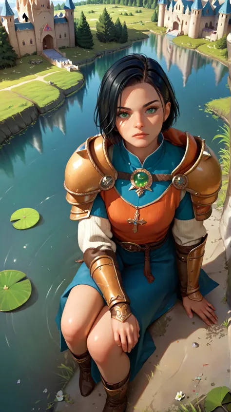  woman, green-eyed,  short black hair,  using a warrior's shoulder pad,  sitting on the edge of a lake, with a view of a castle , Overhead Shot (Total dive)
