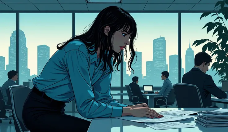 •	" Illustration in comic noir style with an elegant atmosphere tiles  .  A modern real estate office with large windows that show the silhouette of skyscrapers illuminated in the background.  White artificial light from the office with a slight cold tint ...