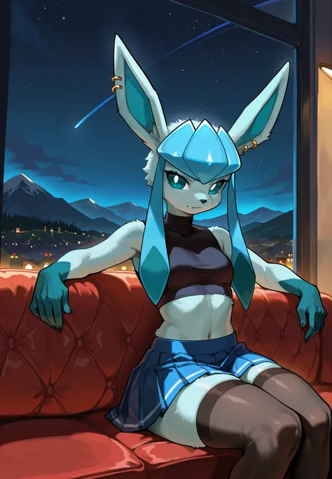 source_furry, BREAK, furry, anthro, 1girl, Glaceon, Pokemon, blue hair, crop top, piercings, thigh highs, skirt, sitting on a couch, sexy pose, lustful, BREAK, night time, mountain cottage, cinematic lighting,