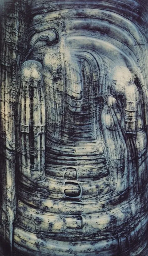 DARK BLACK COLORS, Giger_style, H. R. Giger's g1g3r, , Giger_style, The image is a detailed view of H.R. Giger's \" HRG Aleph \" plate, featuring ( The image depicts a surreal, intricate artwork featuring two humanoid figures with mechanical or industrial ...