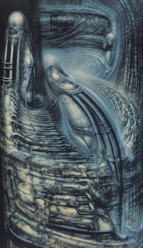 DARK BLACK COLORS, Giger_style, H. R. Giger's g1g3r, , Giger_style, The image is a detailed view of H.R. Giger's \" HRG Aleph \" plate, featuring ( The image depicts a surreal, intricate artwork featuring two humanoid figures with mechanical or industrial ...