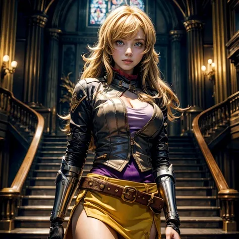 yangxiaolong, yang xiao long, smiling, long hair, blonde hair, (purple eyes:1.3), ahoge, bangs, BREAK cleavage, (wearing a white mini dress with gold trim, belt), mechanical arms, single mechanical arm, prosthesis, prosthetic arm, BREAK indoors, standing n...