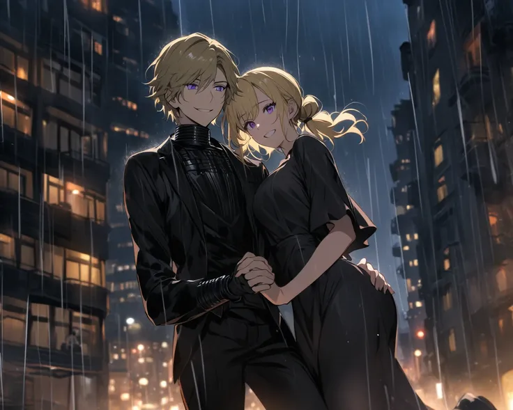   Boy with blond hair tied,In a black dress by Kylo Ren with a girl with purple eyes and short hair and a black suit holding her hand on top of a building, night,Smiling and raining