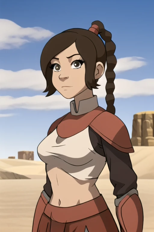 masterpiece, best quality, 1girl, tylee, brown hair, braid, armor, looking at viewer, upper body, sun, blue sky, desert background 