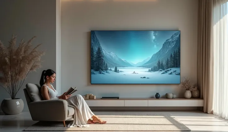 A huge plasma screen on the wall in the center of the room, a woman is sitting in a corner in a chair reading a book