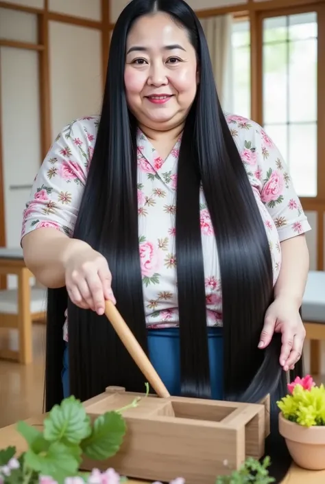 8k,Highest quality, masterpiece, Ultra-high resolution,(masterpiece:1.6, Highest quality), Intricate details,Of beautiful black hair that is ridiculously long５０A mature woman in her generation,I'm arranging ikebana,A bright kimono with a pink and green flo...