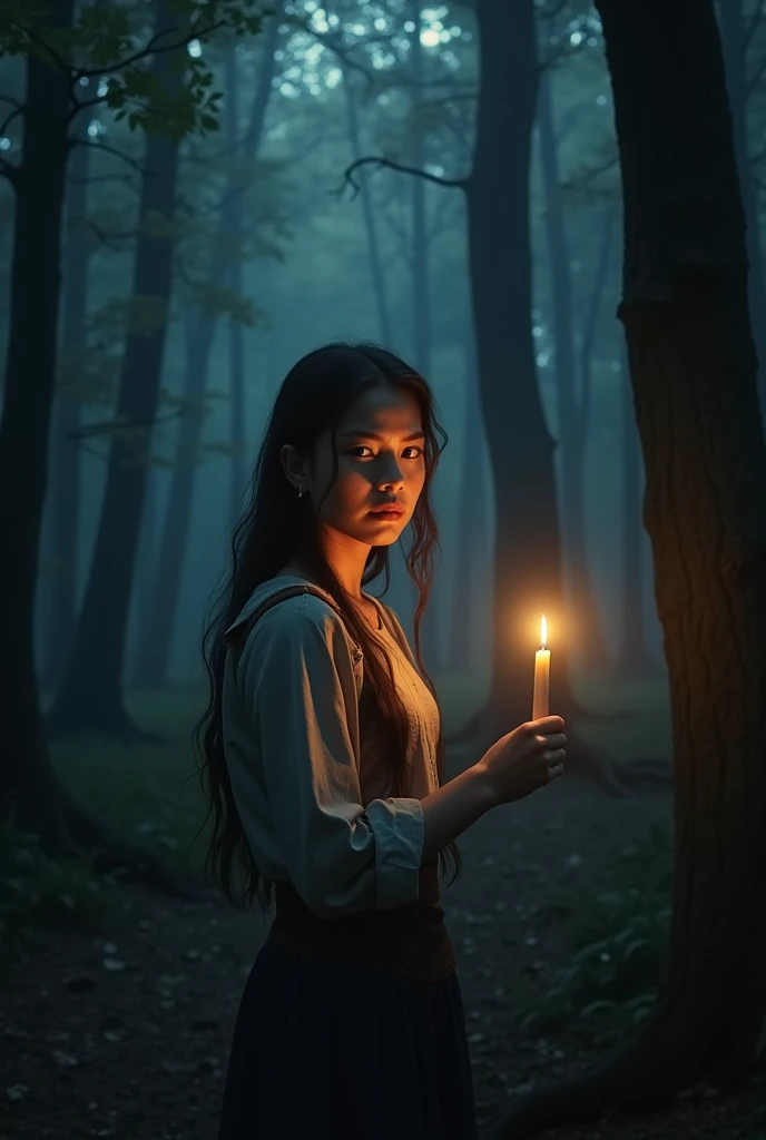 Young woman in a dark forest with a candle in her hand 