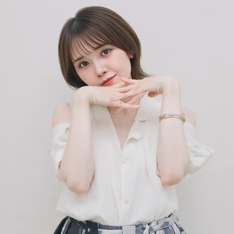  8k resolution， Ultra Clear，The face is delicate and clear ，Short detailed hair，Large Eyes，A little slim， white shirt，black heels ，  Black Pleated Skirt 