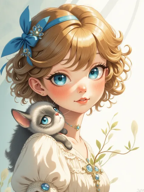 
In the heart of the illustration, a youthful maiden with cerulean orbs that sparkle like the morning sky takes center stage. Her tresses, a rich tapestry of curls, are elegantly adorned with a dainty blue ribbon that adds a touch of sweetness to her alrea...