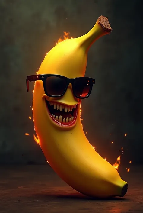 channel logo with soft dark background, with a banana icon on the side with sunglasses aggressive expression with hellish tones, The mouth should have an evil smile with more orange tones 
