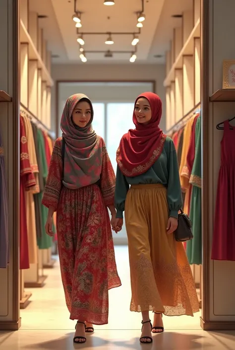 Two women one with the hijab and the other with a long skirt entering a cloths fashion shop.