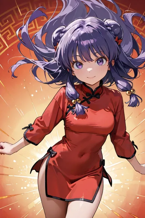 A highly detailed and  high resolution sweatshirt image of "Shampoo" [de ranma 1/2];  Chinese girl with long purple hair and twin bows; beautiful,sexual chair ornament; a ((red)) Chinese qipao (cheongsam) (Long shirt ) dress,  purple-eyed ; a red colored C...