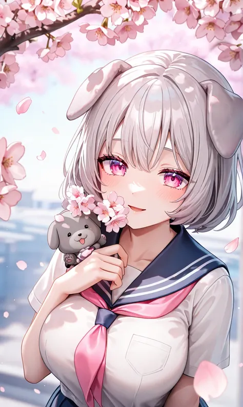  gray hair,  short hair, droopy gray puppy ears,  pink ribbon , slightly large breasts,  pink eyes, ,  , On the way to school, Cherry blossoms, spring, petal, A sunny day ,  illustration