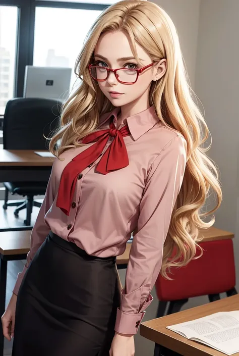 small slender teacher with red oxford blouse with a grey pencil skirt, blonde wavy hair, glasses, (red blouse:1.3)