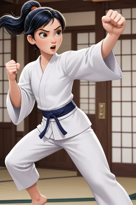 Create a character of a , ish, Disney Pixar style, doing a kick with a white kimono, karate.