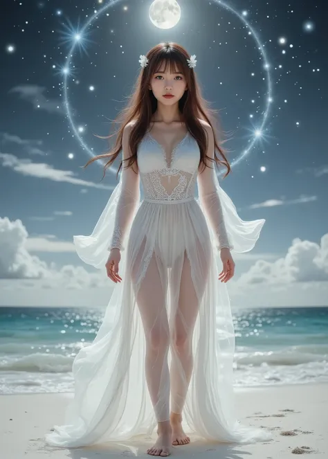 Realistic beautiful single girl 、（ full body photo）、 long, maroon hair with bangs、 crystal clear white skin、 A Midsummer Night's Dream、Stand on the white sands of the calm sea where the moon sets、Stars full of stars in the sky 、 fairy tale