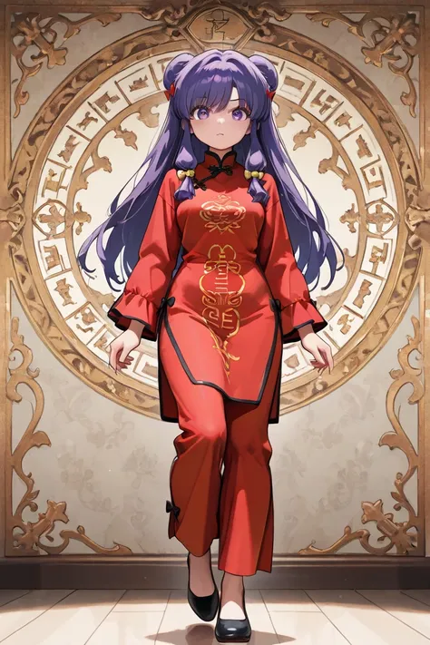 A highly detailed and  high resolution sweatshirt image of "Shampoo" [de ranma 1/2];  Chinese girl with long purple hair and twin bows; beautiful,sexual chair ornament; a ((red)) Chinese qipao (cheongsam) (Long shirt ) dress,  purple-eyed ; a red colored C...