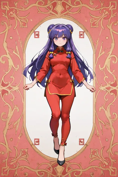 A highly detailed and  high resolution sweatshirt image of "Shampoo" [de ranma 1/2];  Chinese girl with long purple hair and twin bows; beautiful,sexual chair ornament; a ((red)) Chinese qipao (cheongsam) (Long shirt ) dress,  purple-eyed ; a red colored C...