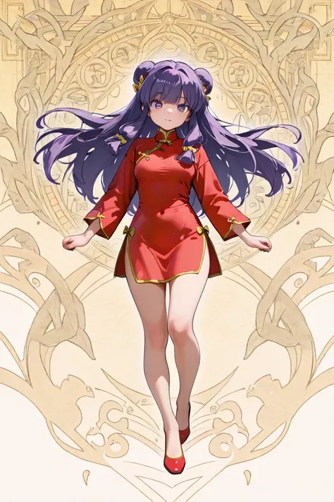 A highly detailed and  high resolution sweatshirt image of "Shampoo" [de ranma 1/2];  Chinese girl with long purple hair and twin bows; beautiful,sexual chair ornament; a ((red)) Chinese qipao (cheongsam) (Long shirt ) dress,  purple-eyed ; a red colored C...