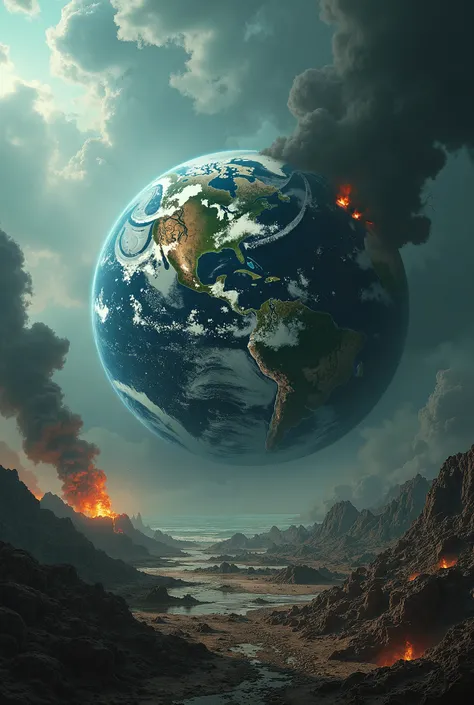 generate a photograph of planet Earth being destroyed by climate change, The Earth being like a character