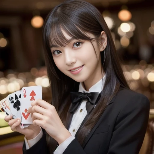 Scene of a casino poker dealer wearing a black suit and skirt and dealing cards, wearing a bow tie, head to knee composition, colorful lights flashing in the background, creating a lively atmosphere Adds a realistic and beautiful touch to every detail to e...