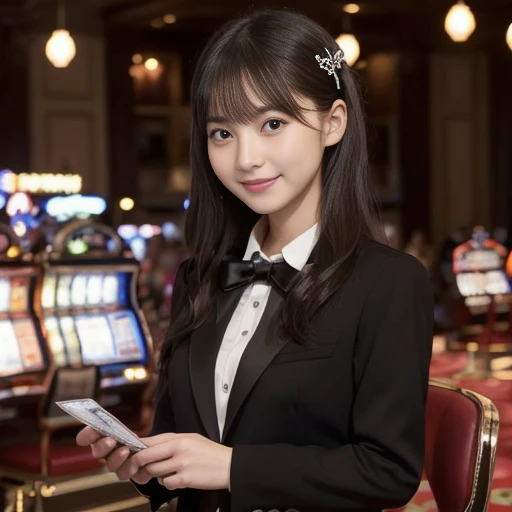 Scene of a casino poker dealer wearing a black suit and skirt and dealing cards, wearing a bow tie, head to knee composition, colorful lights flashing in the background, creating a lively atmosphere Adds a realistic and beautiful touch to every detail to e...