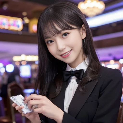 Scene of a casino poker dealer wearing a black suit and skirt and dealing cards, wearing a bow tie, head to knee composition, colorful lights flashing in the background, creating a lively atmosphere Adds a realistic and beautiful touch to every detail to e...