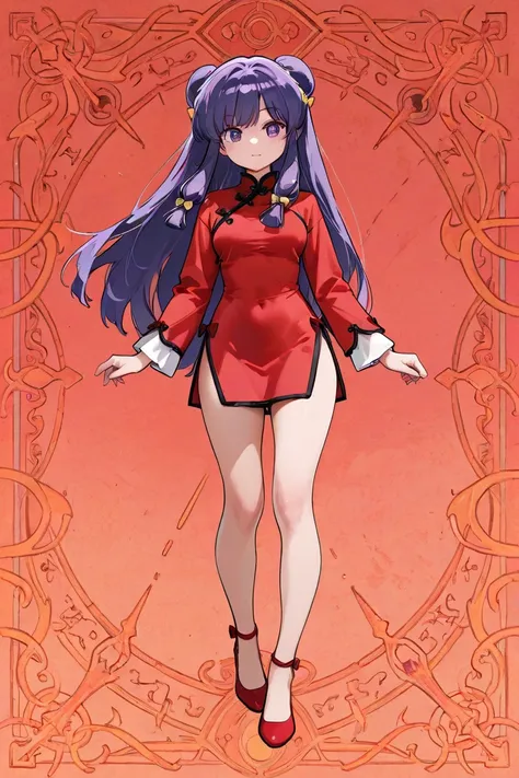 A highly detailed and  high resolution sweatshirt image of "Shampoo" [de ranma 1/2];  Chinese girl with long purple hair and twin bows; beautiful,sexual chair ornament; a ((red)) Chinese qipao (cheongsam) (Long shirt ) dress,  purple-eyed ; a red colored C...