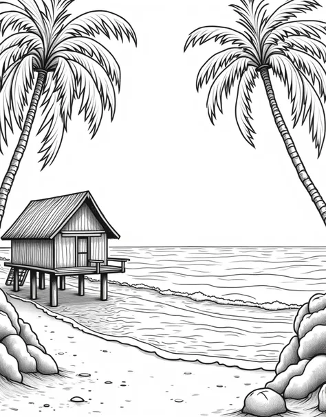 Make A tropical island with a small wooden hut on stilts, surrounded by lush palm trees and gentle waves rolling onto a white sandy beach, everything done like line art. coloring page