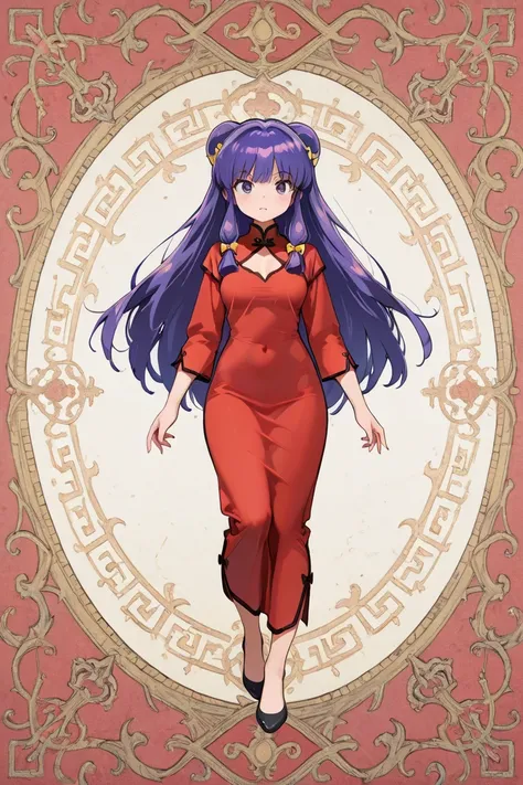 A highly detailed and  high resolution sweatshirt image of "Shampoo" [de ranma 1/2];  Chinese girl with long purple hair and twin bows; beautiful,sexual chair ornament; a ((red)) Chinese qipao (cheongsam) (Long shirt ) dress,  purple-eyed ; a red colored C...