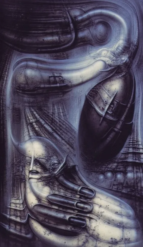 DARK BLACK COLORS, Giger_style, H. R. Giger's g1g3r, , Giger_style, The image is a detailed view of H.R. Giger's \" HRG Aleph \" plate, featuring ( The image depicts a surreal, intricate artwork featuring two humanoid figures with mechanical or industrial ...