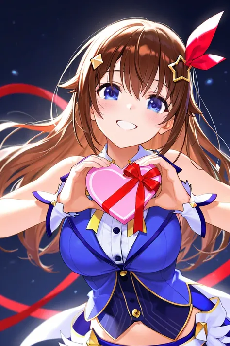 Tokino Sora, 1 woman, brown hair, solo, blue eyes, star hair accessory, red ribbon, smiling face, large breasts, Valentine, heart pass the box, ❤️, smile