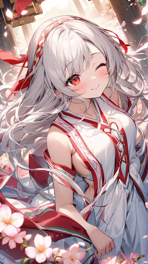 （ top quality)、 beautiful woman（ red eyes）Cute Elements 。 beautiful womanの顔、Shy expression、 Silver Hair、 Red、smile（ one eye closed、Looking up）、 Superb Woman 、A girl in the form of a cute shrine maiden 、 surrounded by beautiful petals、 One Eye Covered with ...