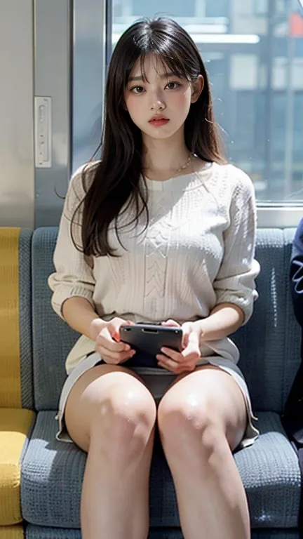 (  Masterpiece,   top quality, 8k,   RAW Photo  ,   beautifully、  beautiful:1.2),   complicated details,   indirect lighting,  exist, whole body,   sitting on a train chair  、  white blouse、  tight skirt、(Ultra-realistic panties)、stare at the audience 、smi...