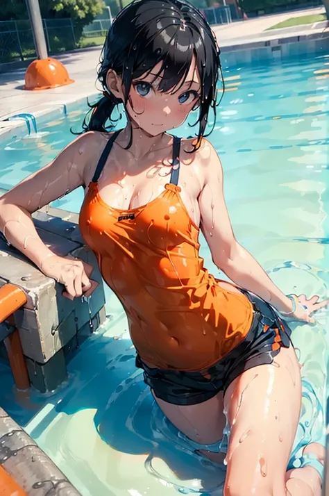 ( wet with slimy liquid:1.4),(Orange swimsuit (( Orange Camisole)),Navy blue piping),( navy blue shorts), black hair,(Water play area in the park:1.2),(Bent forward pose :1.4),Honeycomb, black hair,