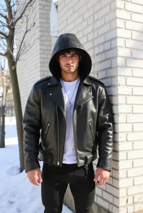 A big shoulders muscles, muscular, very tall handsome young man. He has a beautiful face and eyes and beautiful long square face shaped , and black slight messy wavy hair. He wears a dark black hooded casual leather jacket layered with a white T-shirt and ...